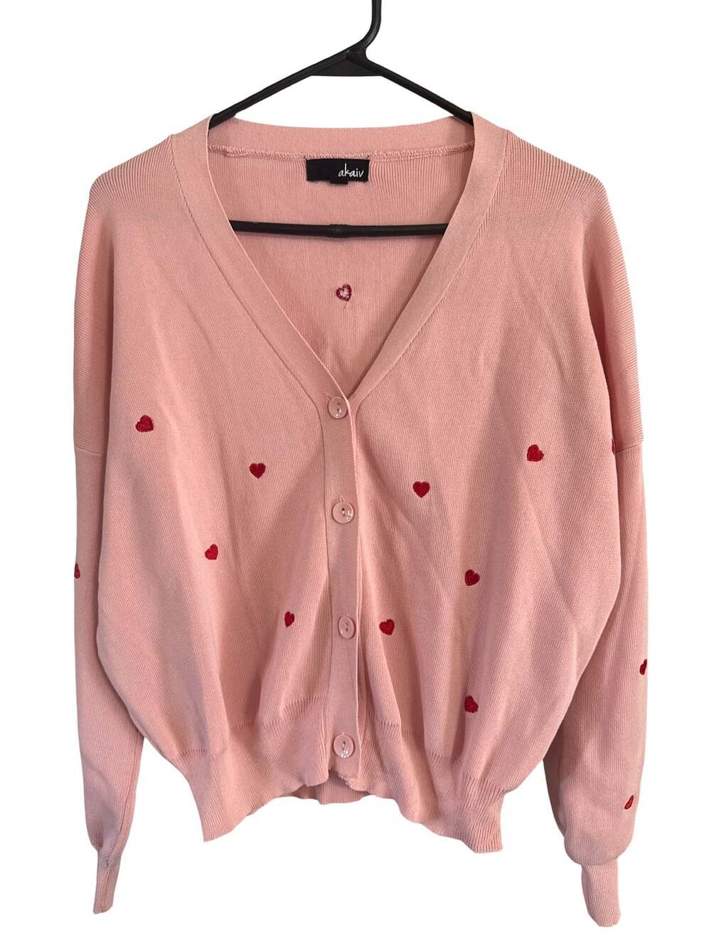 Akaiv Pink Heart Embroidered V-Neck Button Front Knit Cardigan Sweater